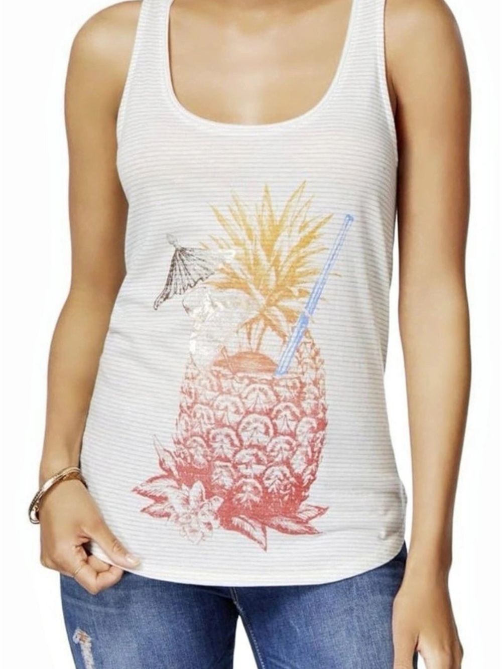 Lucky brand Striped Pineapple Graphic Tank Top Medium tropical cruise cocktail